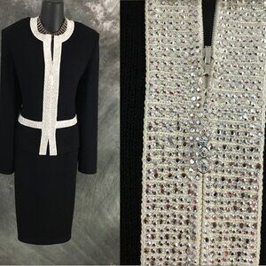 BEAUTIFUL St John evening knit black white rhinestones embellished skirt suit 10